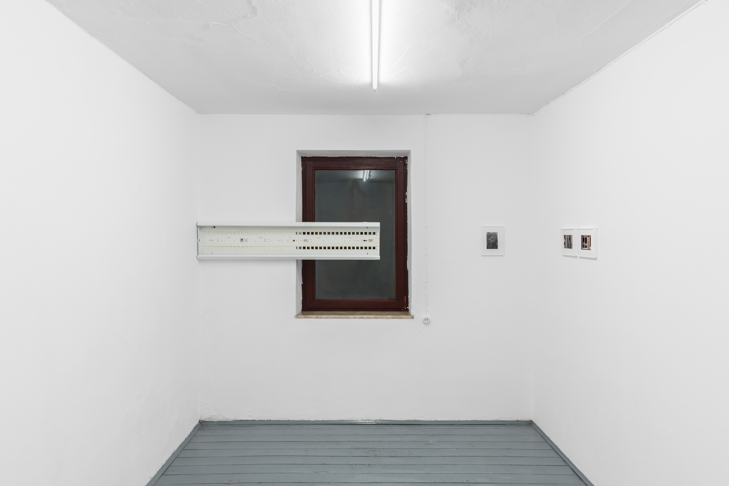 Aisha Altenhofen solo exhibition at Austin Space: Installation view of the grid light box installed across the window in the gallery space.