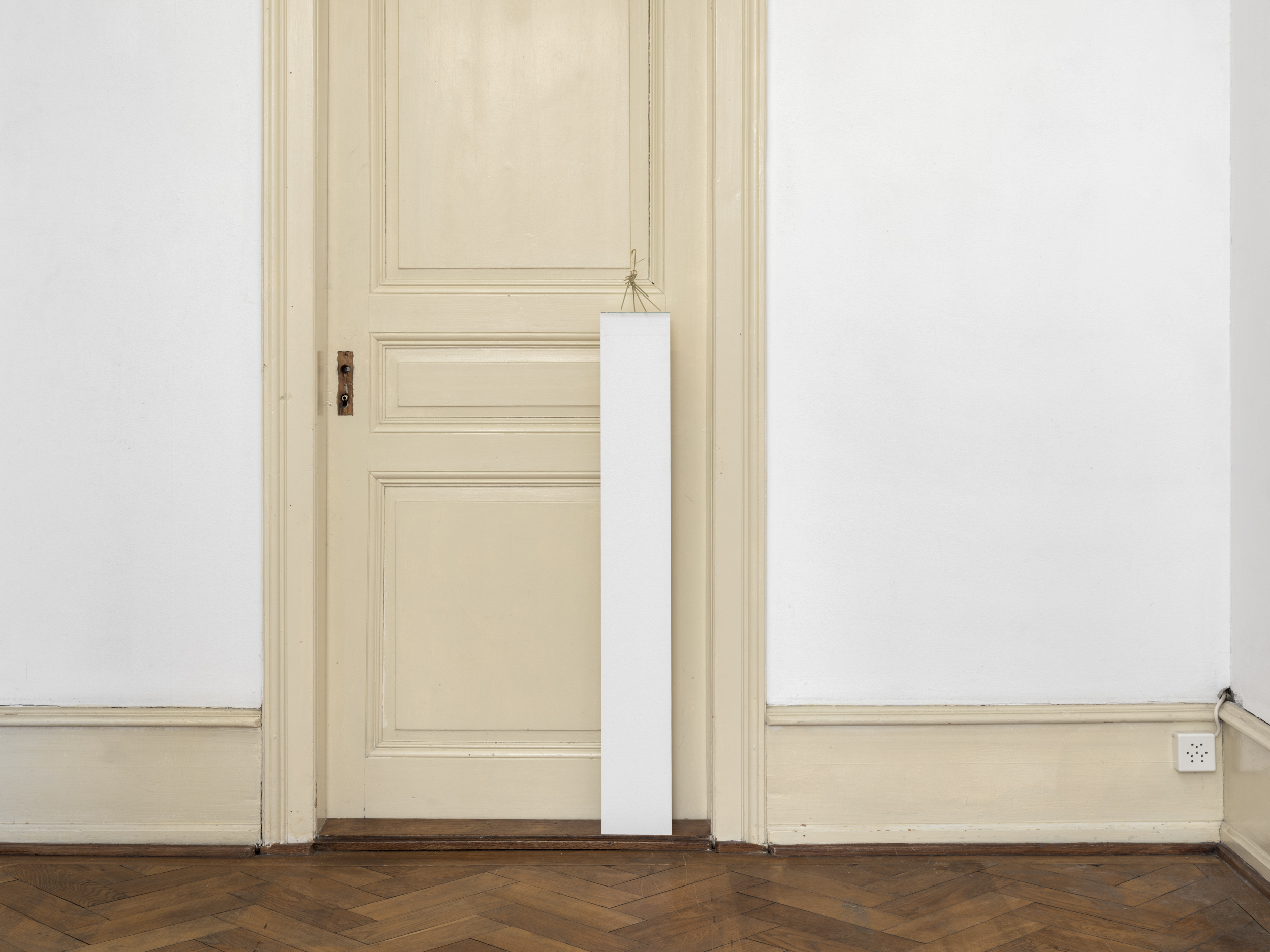Aisha Altenhofen solo exhibition at Austin Space: Installation view of two white grid light fixtures installed at the wall, with an empty white wall between them.